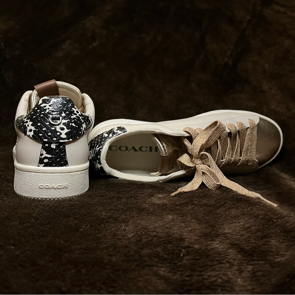 Coach Women's Sneakers in Cream and Tan with snakeskin accent.